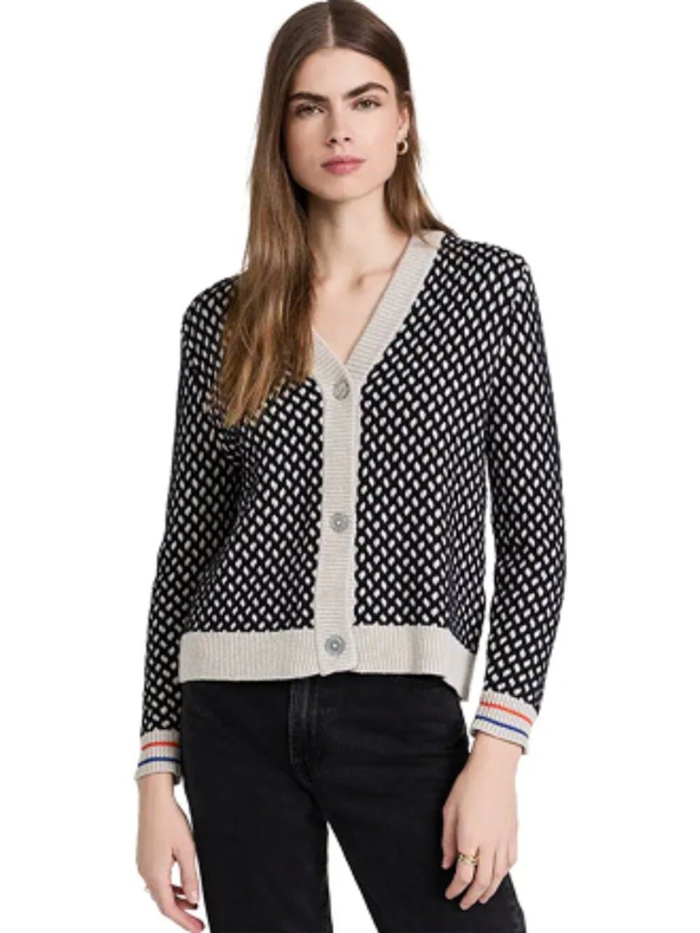 KULE The Barton Button-Up V-Neck Jacquard Wool Blend Knit Cardigan Sweater, XS